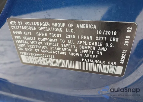 2017 Volkswagen Passat 1.8T S from USA, damaged, VIN 1VWAT7A36HC027935
